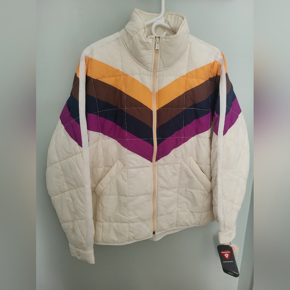 Free People Movement x‎ Hatch Puffer Jacket Ivory Chevron Oversized Medium - Picture 3 of 16